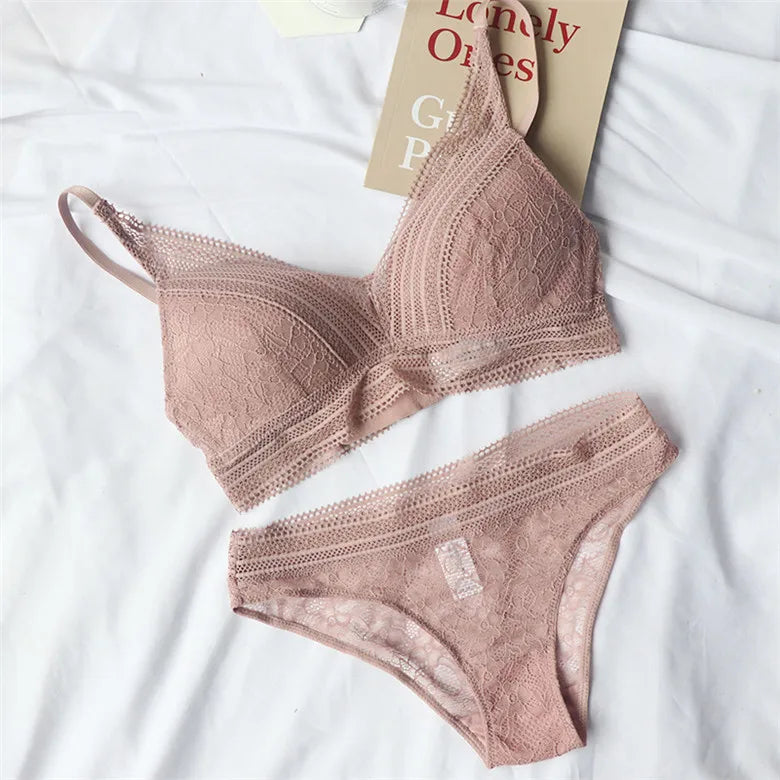 Push-Up Plunge Bra & amp Brief Set Lace Trim