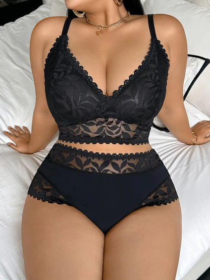 Floral Lace Bra & Brief Set in Black