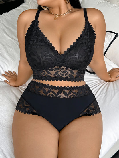 Floral Lace Bra & Brief Set in Black