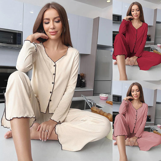 Solid Knit Pajama Set with Cardigan-Style Top Pit Strip